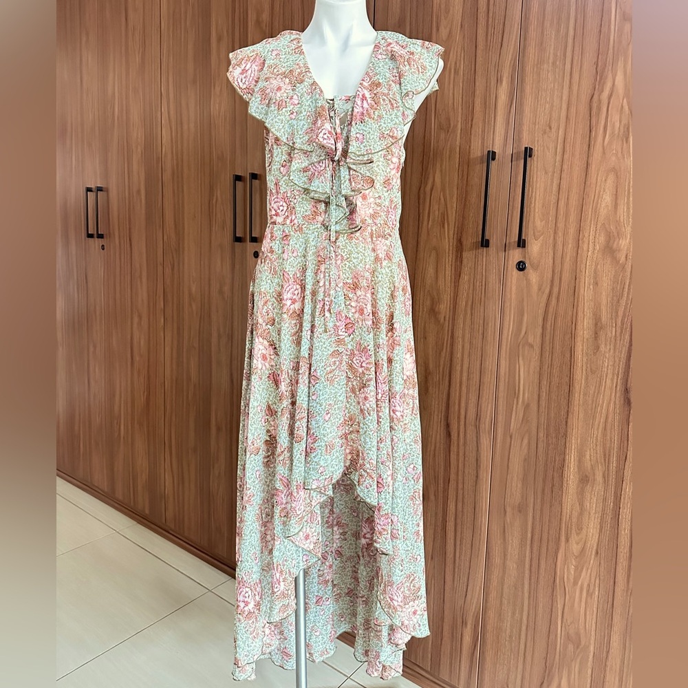 City Triangles Floral High Low Dress Flowy Ruffles Sage Pink Boho Size 11